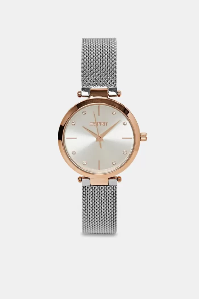 Tweekleurig Horloge Met Een Bandje Van Mesh En Zirkonia*Esprit New